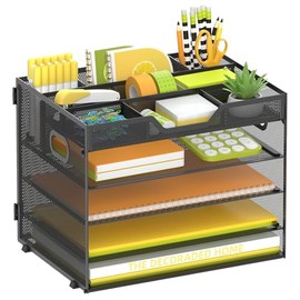 SUPEASY Organizador de escritorio de 5 niveles, organizador de papel de malla con 4 compartimentos de almacenamiento ajustables y soporte para bolígra