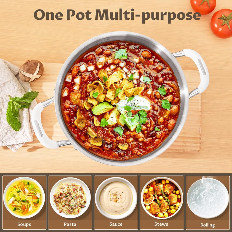6 Quart Pot with Lid, BEZIA Tri-Ply Stainless Steel Stock