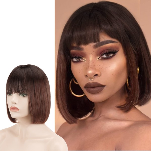 SOFEIYAN Short Straight Bob Wigs with Bangs 11 inch Synthetic Daily Party Cosplay Hair Wig for Black Women, Ombre Auburn