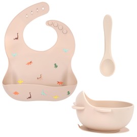 ZHIYUEYEYP Baby Bowl with Suction, Baby Silicone Bib and Feeding Spoon, Baby Weaning Supplies - Complete Meal Kit for 6+ Months,Grey Dinosaur