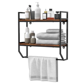 LOKO 2-Tier Bathroom Towel Rack with Shelf, Industrial Over The Toilet Shelf with Towel Bar, Wall Mounted Hanging Shelf with Towel Holder, Rustic Storage Organizer Shelves for Living Room, Kitchen