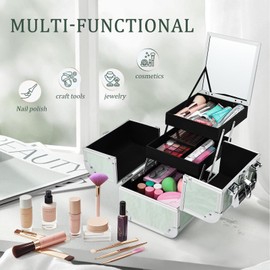 Costravio Makeup Train Case Organizer Box, Tavel Make-up Cosmetic Storage, Nail Supplies Storage Organizer with 2-Tier Tackle Trays & Mirror, Portable Lockable Carrying Case for Women or Girls