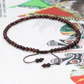 Keleny Natural Red Tiger Eye Gemstone 4mm Round Bead Charm Stretch Anklet for Women Brown Rope Adjustable 8.6-11 Inch