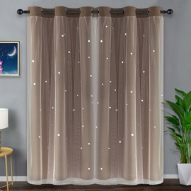 Kinryb Star Cut-Out Blackout Curtains 84 Inch Length Double Layer Curtain Thermal Insulated Window Curtains for Kids Girls Bedroom Sun Blocking Drape with 2 Tiebacks 42" W x 84" L Coffee 2 Panels