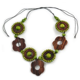 Avalaya Lime Green/Brown Wood Floral Motif Black Cord Necklace/60cm Long/Adjustable