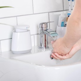 Minky Soap Dispenser, Refillable Liquid Hand Soap Dispenser With Large Pump, Non Slip Rubber Feet, Stylish & Practical Bathroom Accessory, White & Light Grey, Made in the UK (1)