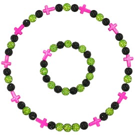 NUSTTAL Baseball Cross Necklace Bracelet Set 16 Inch, Rhinestone Beaded Elastic Chain, Sport Jewelry for Baseball Fans Players, Game Day Team Spirit Gift for Men Women-Black/Light Green+Hot Pink Cross