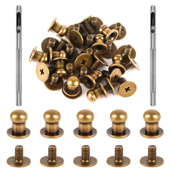 Haisheng 80 PCS Solid Round Head Button Stud, Screw Rivets Leather Rivets Screws Metal Studs Kit for Leather Craft Repairs Decoration Brown