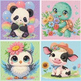 Set of 4 5D Diamond Painting Children Animals Set Full Diamond Painting Pictures Children Animals, DIY Mosaic Making Crafts Girls Boys 6 7 8 9 10 11 12 Years, Gift Children from 6 Years 15 x 15 cm