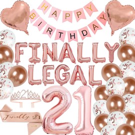 21st Birthday Decorations for Girls 21 Years Old Birthday Party Decoration for Her Happy Birthday Banner Finally 21 Sash and Tiara Crown Latex Balloons for Women Happy 21st Birthday (Rose gold)