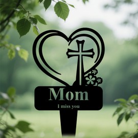 KEMAYUN Mom Memorial Grave Stake, Cemetery Decorations for Grave Markers 12.5 x 7.2 inch Heart Metal Sympathy Stakes Graveside Plaque Decor Sign for Mother Graves, Yard, Garden - Black-Mom