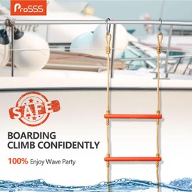 ProSSS 4 Step Boat Rope Ladder, Heavy Duty Climbing Rope, 440 Lbs Strength, 14"" Long Solid PP Ladder Bar, Outdoor Ladder, Orange