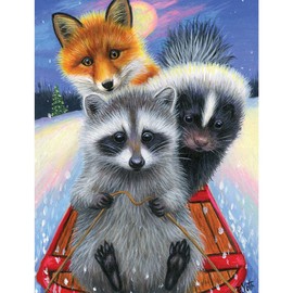 Bits and Pieces - 500 Piece Jigsaw Puzzle for Adults 18" x 24" – Hang On – Cute Fox Racoon Skunk Winter Snow Sled Ride 500 pc Large Piece Jigsaw by Artist Bridget Voth