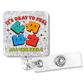 PUVOXHO It's Okay to Feel All The Feels Funny Glitter Badge Reel, Retractable Badge Holder with Alligator Clip for Doctor Nurse Medical Healthcare Worker, Mental Heath Badge Gifts for Coworker