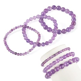 Elecrelive 3Pcs Amethyst Crystal Bracelet for Women, Round Stone Beads Stretch Bracelets 4/6/8mm Purple Gemstone Jewelry Gifts