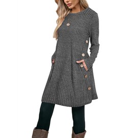 Poetsky Tunic Sweaters for Women with Pockets Side Buttons Spring Long Jumpers for Petite for Leggings Swing Blouse & Shirts 2026 Dark Grey S