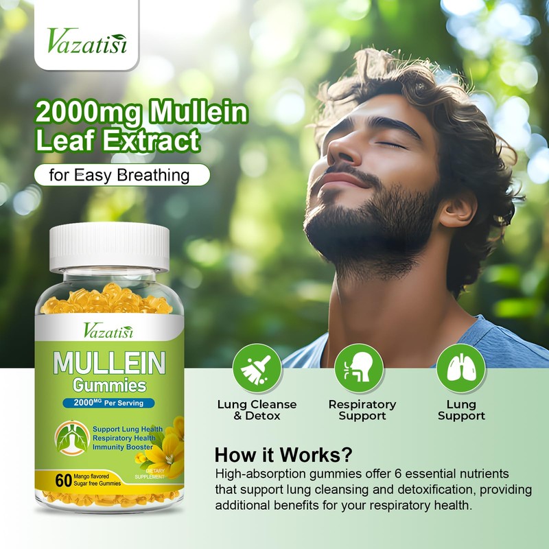 Vazatisi Mullein Gummies, Mullein Leaf Extract with Bromelain, Quercetin, Pine