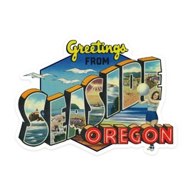 Die Cut Sticker Greetings from Seaside, Oregon, Big Letters, Vintage Postcard, Contour Vinyl Sticker 1 to 3 inches (Waterproof Decal for Cars, Water Bottles, Laptops, Coolers), Small