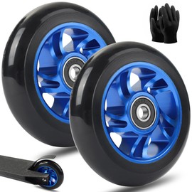 Pack of 2 100 mm Stunt Scooter Wheels, Scooter Wheels, Replacement Wheels, with Aluminium Alloy Rims and Anti-Lock Bearings, Scoot and Ride Scooter Accessories for E Scooters (100 mm Blue)