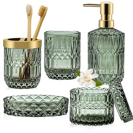 Green Bathroom Accessories Set, 5 Pcs Vintage Diamond Clear Glass Bathroom Set Include Lotion Soap Dispenser, Soap Dish, Toothbrush Holder, Tumbler, Cotton Swab Jar for Modern Bath Countertop Decor