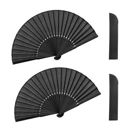 Quacc 2 PCS Black Folding Hand Held Fans Light Strong Thin Fabric Chinese Handheld Tai Ji Fan for Men and Women, Wedding, Dance, Kungfu, Martial Art, Decorations, Party Favor, Gift