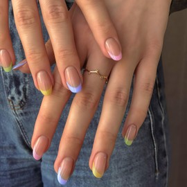 SXVME 24 Pcs Colorful French Tip Press on Nails Short Oval, Acrylic Fake Nails Press ons with Glue, Short Almond Acrylic Natural Nude Glue on Nails for Women, 15 Sizes