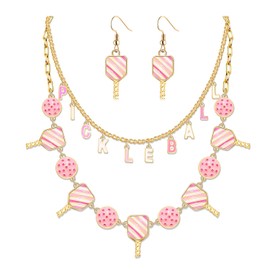 Pickleball Necklace Earrings Set for Women Layered Pickleball Choker Necklace Pink Pickleball Paddle Earrings Game Day Sport Pickleball Jewelry Accessories Gifts, Zinc, Crystal