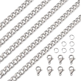 Pandahall DIY Curb Chain Necklace Bracelet Making Kit Including 5M Stainless Steel Curb Chains 6.5x4.5mm Links & 10 Pieces Lobster Clasps & 20 Pieces Jump Rings