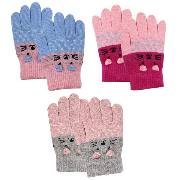 RARITYUS 3 Pairs Kids Cute Cat Warm Gloves Winter Knitted Mittens for Boys Girls Toddler 2-6 Years old