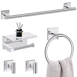5PCS Polish Chrome Bathroom Hardware Set, SUS304 Stainless Steel Towel Bar Set-23.6 inches Towel Bar, Toilet Paper Holder with Shelf, Towel Ring and Two Towel Hooks, Towel Holder Set Wall-Mounted
