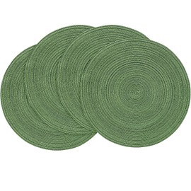 Floroom 15 Inch Round Braided Placemats Set of 4, Washable Heat Resistant Cotton Polyester Circle Place Mats for Kitchen Dining Table - Forest Green