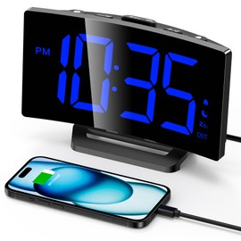 GOLOZA Digital Alarm Clock, Digital Clock with Modern Curved Design, 2 Volumes, 3 Alarm Tones, 5 Brightness Levels + Off, Snooze, Memory Function, 12/24HR Digital Alarm Clock, LED Digital Clock