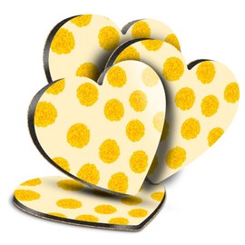4 x Heart Coasters - Yellow Marigold Flower Pattern Cork Backed MDF Glossy Tea Coffee Accessory #52541