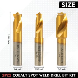 RENYU 3Pcs Cobalt Spot Weld Drill Bit Set Kit, Titanium Coated High Speed Cobalt Steel Weld Cutter Drill Bit Weld Removal Tool 1/4-inch (6.5mm), 5/16-inch (8mm), and 3/8-inch (10mm)