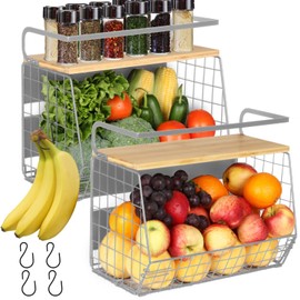 Magnetic Shelf for Fridge with Wood Lid, Fruit Potato and Onion Storage Bins, Pantry Organizers & Storage, Large Container Magnetic Spice Rack for Refrigerator, Kitchen Counter, Cabinet (2, Silver)