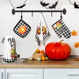 Leinuosen Thanksgiving 6 Pack Kitchen Set with 2 Pcs Kitchen Car Dish Towels 2 Pcs Car Pot Holders and 2 Pcs Car Oven Mitt for Thanksgiving Kitchen Gifting Baking Cooking Accessories