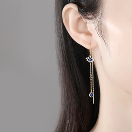 Gold Plated Evil Eyes with Blue AAAAA Cubic Zirconia Long Chain Threader Earrings Fashion Jewelry for Women (Gold Plated)