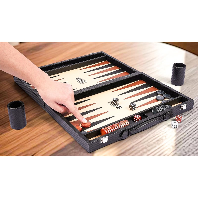 Backgammon Sets for Adults, 15 Inch Premium Carbon Fiber Faux