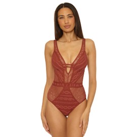 BECCA - Traje de baño de una Pieza para Mujer, Cuello Profundo, Ganchillo, Trajes de baño, Bronzed, Large
