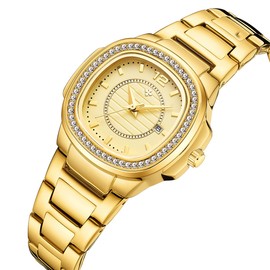 Women's Watches Fashion Square Dial Stainless Steel Waterproof Date Diamond Ladies Dress Wristwatches (Gold)
