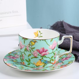LJIMICAORO Vintage 8 Ounces Teacup and Saucers Set Floral Tea Cups Set Bone China TeaCups Coffee Tea Cup for Tea Party Women Mom (Green)