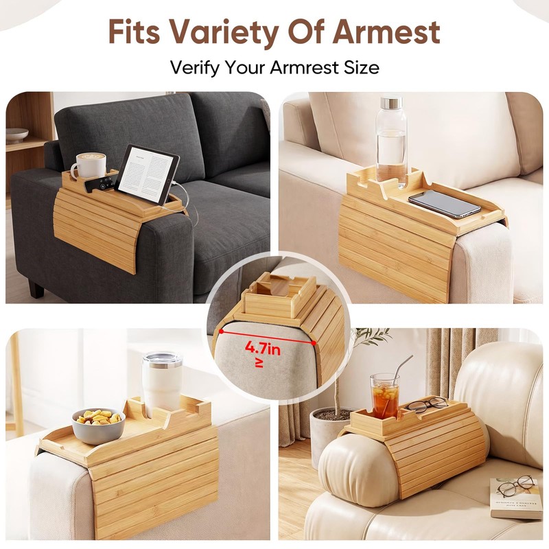 Bamboo Couch Arm Tray Table with Built-in Cup Holder, Foldable