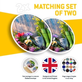 Vinyl Round Stickers (Set of 2) 15cm - Gardening Tools Flowers Garden Art for Laptops, Tablets, Luggage, Scrap Booking, Fridges #50998