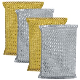 Lola Products Wonder Non-Scratch Scouring Pad, Large Knitted Flat Wire Cloth Fibers w/Foam Sponge Core, Assorted Colors (Gold or Silver), 4 Pack