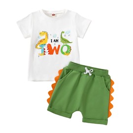 DELIMALI Baby Boy Second Third Birthday Outfit Dinosaur 2nd 3rd T-shirt Shorts Set Two Three Years Old Birthday Clothes (A-Green Two, 18-24 Months)