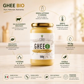 Cibo Burro Ghee Biologico 500gr - Latte di Parma e Reggio Emilia - Prodotto in Italia - Mucche al Pascolo - Punto di Fumo 250°C - Da Panna Centrifugata