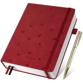 Umriox Notebook A5 Lined, Hardcover Journal Notepad with Pen, 100 gsm, 365 Pages, Thick Diary for Women and Men for School, Work, Drawing, 14.5 x 21 cm, Red
