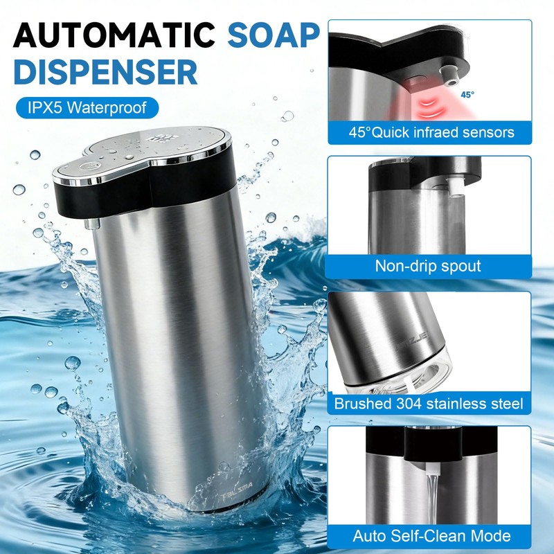 Automatic Soap Dispenser Touchless - 350ml 304 Stainless Steel, 0.25s