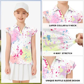 Girls Golf Polo - Ruffle Sleeve Golf Polo Shirts V-Neck Tennis T-Shirts Uniform Shirts Quick Dry 4-5 Years A-Multicolor