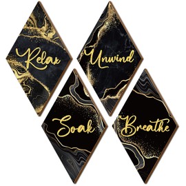 Ferraycle 4 Pcs Marble Style Bathroom Wall Decor Relax Soak Unwind Breathe Wall Art Vintage Farmhouse Art Wall Decor Wooden Bathroom Hanging Signs for Laundry Spa Room (Black,6.69 x 11.81 Inch)